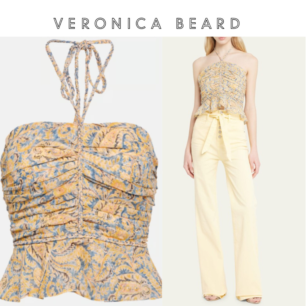 Veronica Beard Arienne Paisley Gathered Halterneck Silk Top